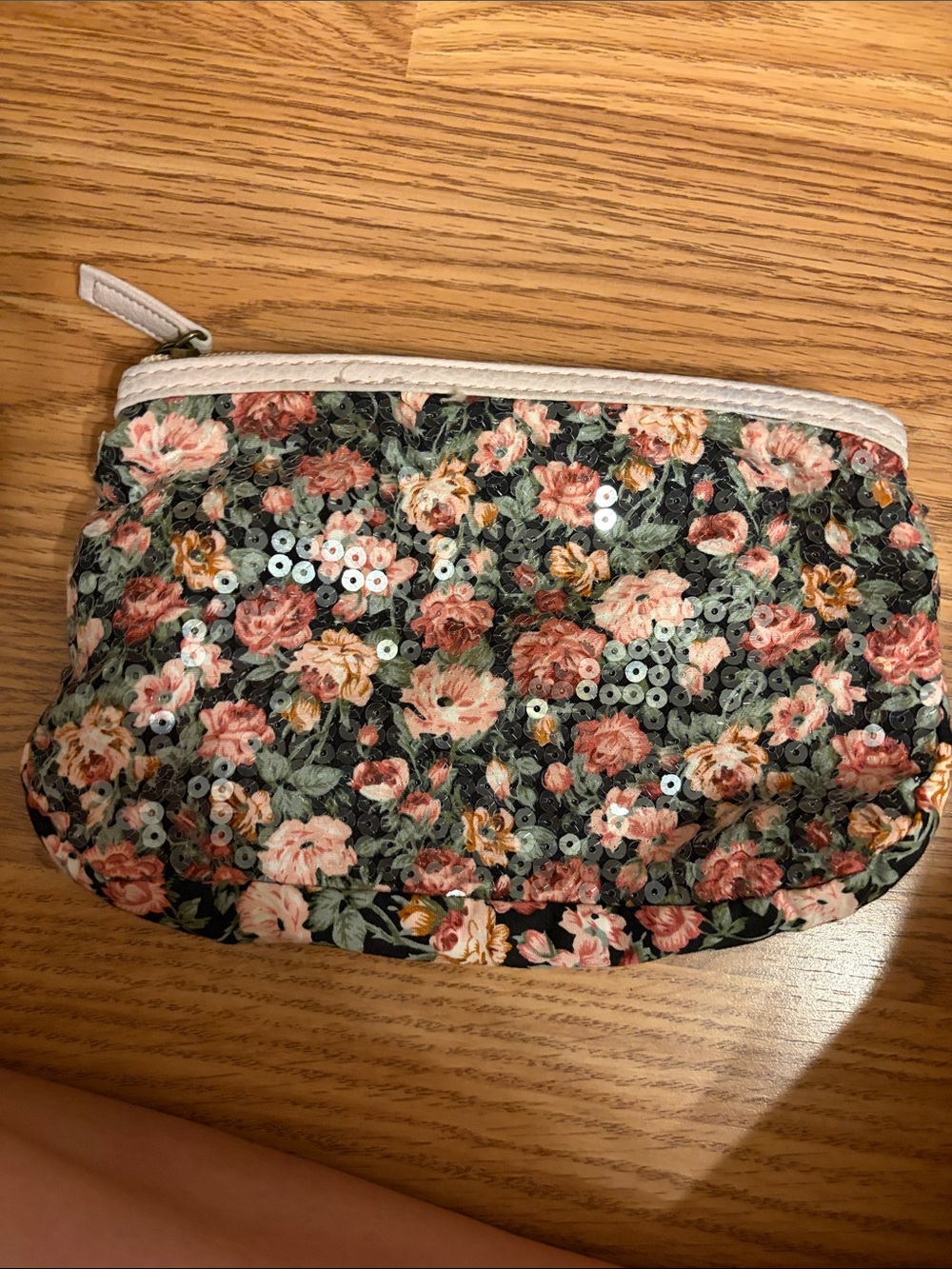 Floral Sequin Zip Pouch - Black & Rose